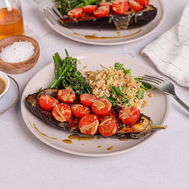Harissa Baked Eggplant with Brown Rice & Broccoli