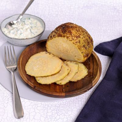 Spiced Whole Roasted Celeriac with Mint Raita