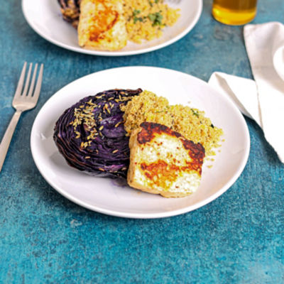 Red Cabbage Steaks with Herby Quinoa& Halloumi