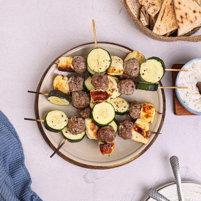 BBQ Lamb, Zucchini & Halloumi Kebabs