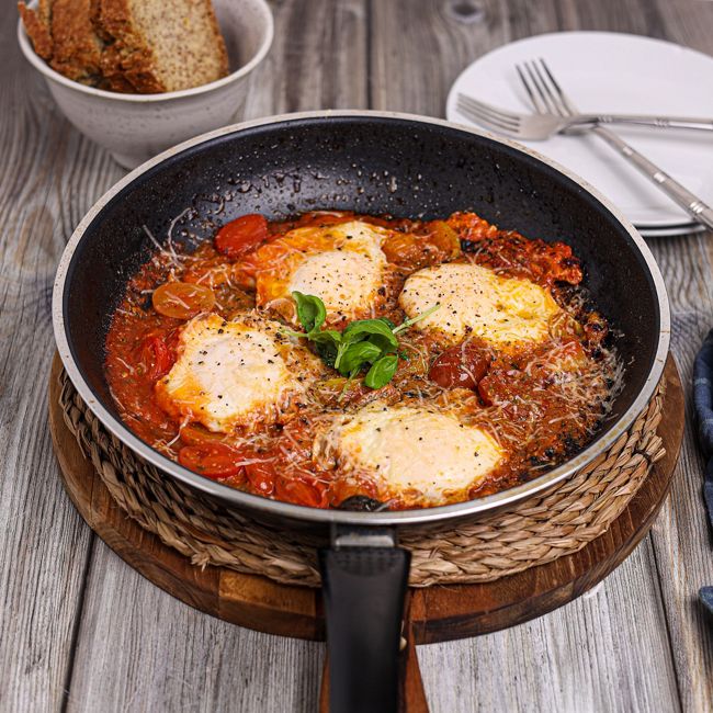Baked Eggs with Cherry Tomato & Basil
