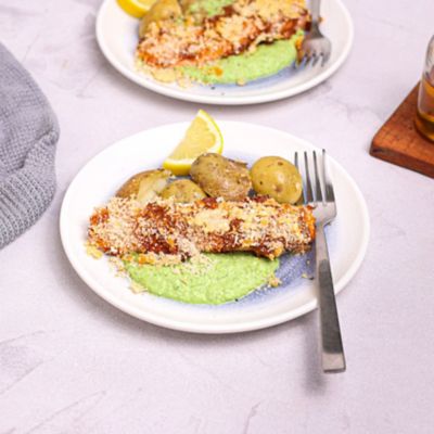 Salmon with Red Pesto Crust & Mushy Peas