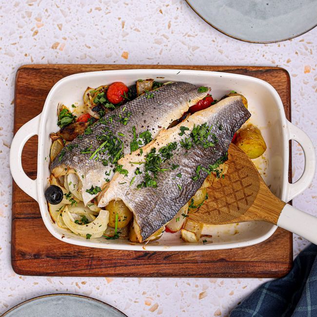Sea Bass, Tomato & Black Olive Traybake