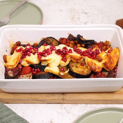 Halloumi, eggplant & Chickpea Tray Bake