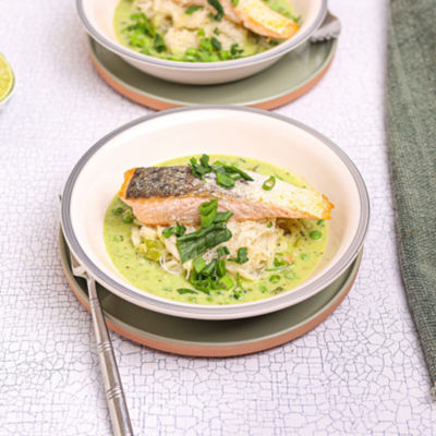Salmon with Green Pea Curry & Rice Noodles