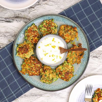Broccoli, zucchini & Pea Fritters with Feta