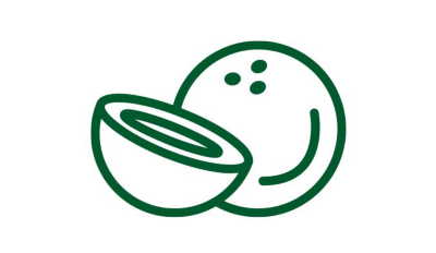 A green line icon of a whole coconut and a coconut half