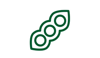 A green line icon of a soybean pod with three beans inside
