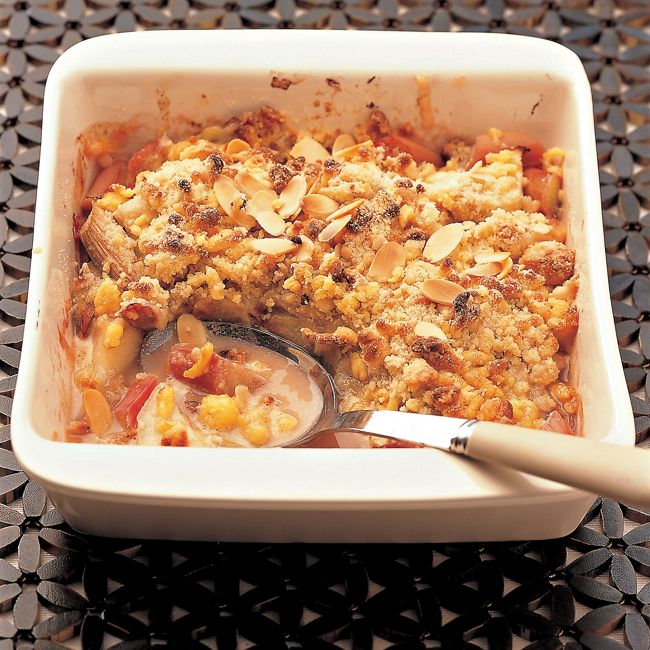 Rhubarb, Pear & Marzipan Crumble