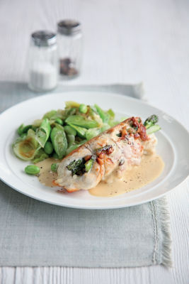 Asparagus & Pine Nut Filled Chicken With Mustard Sauce