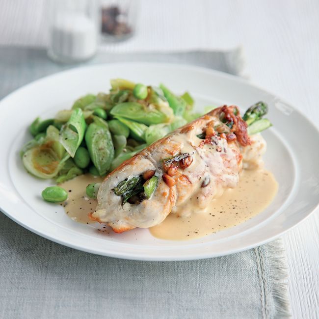 Asparagus & Pine Nut Filled Chicken With Mustard Sauce