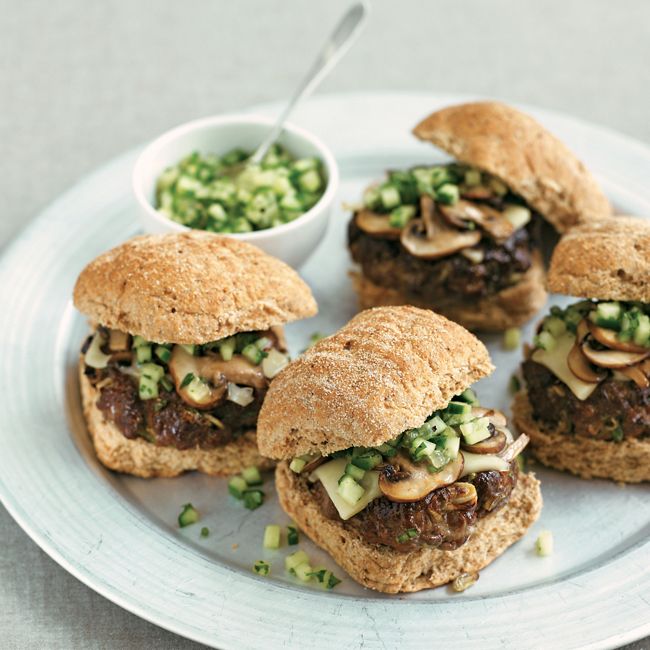 Mushroom & Cheese Burgers With Cucumber Salsa