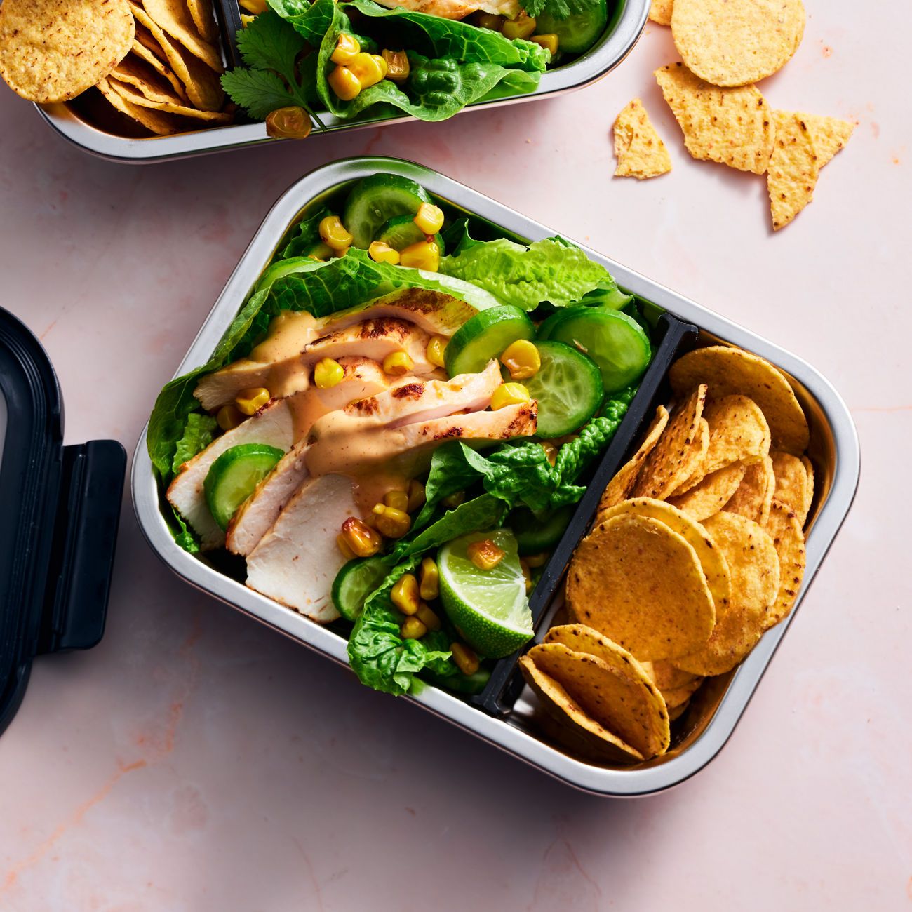Chipotle chicken & corn salad in Fissler stainless steel container