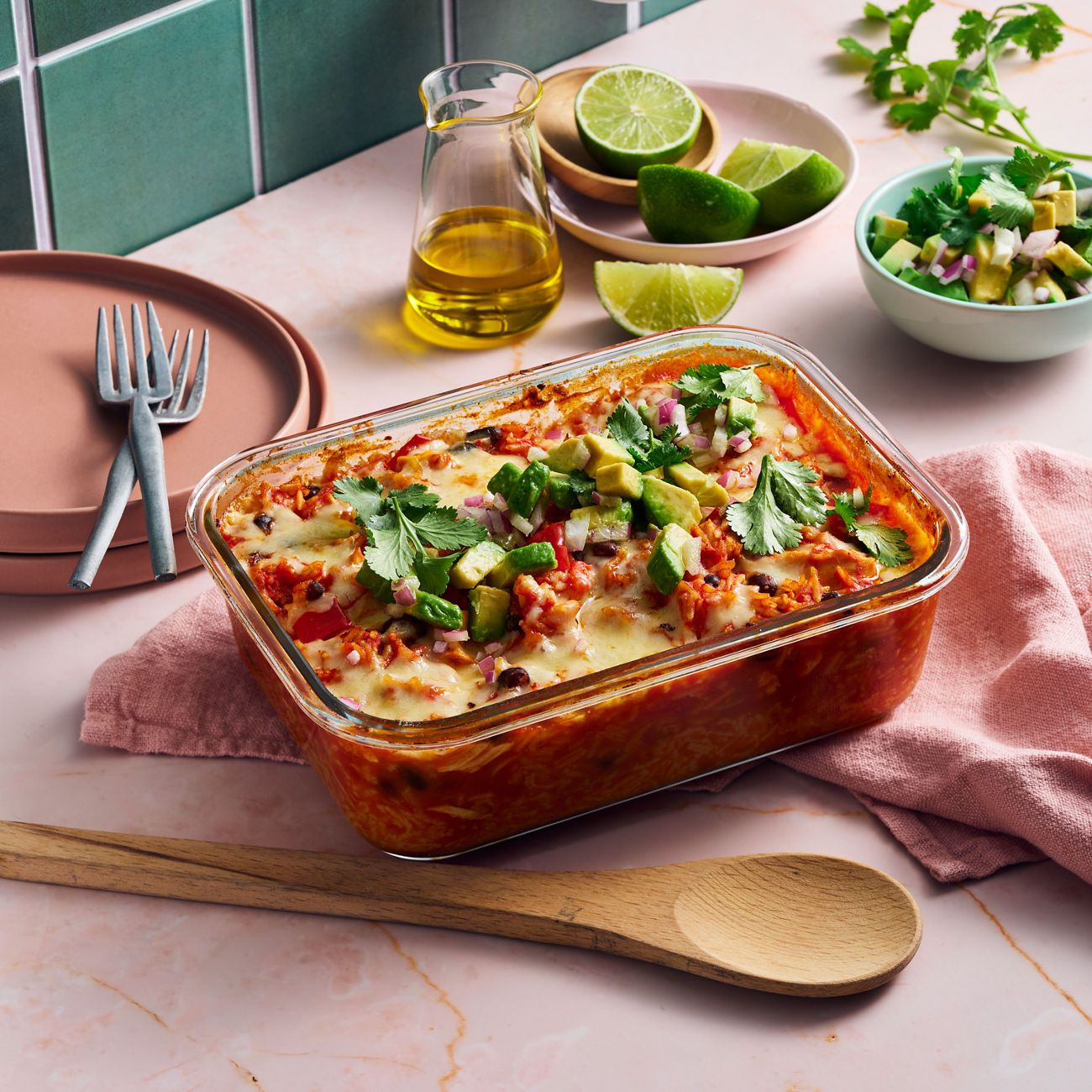 Mexican chicken rice bake in Fissler glass container