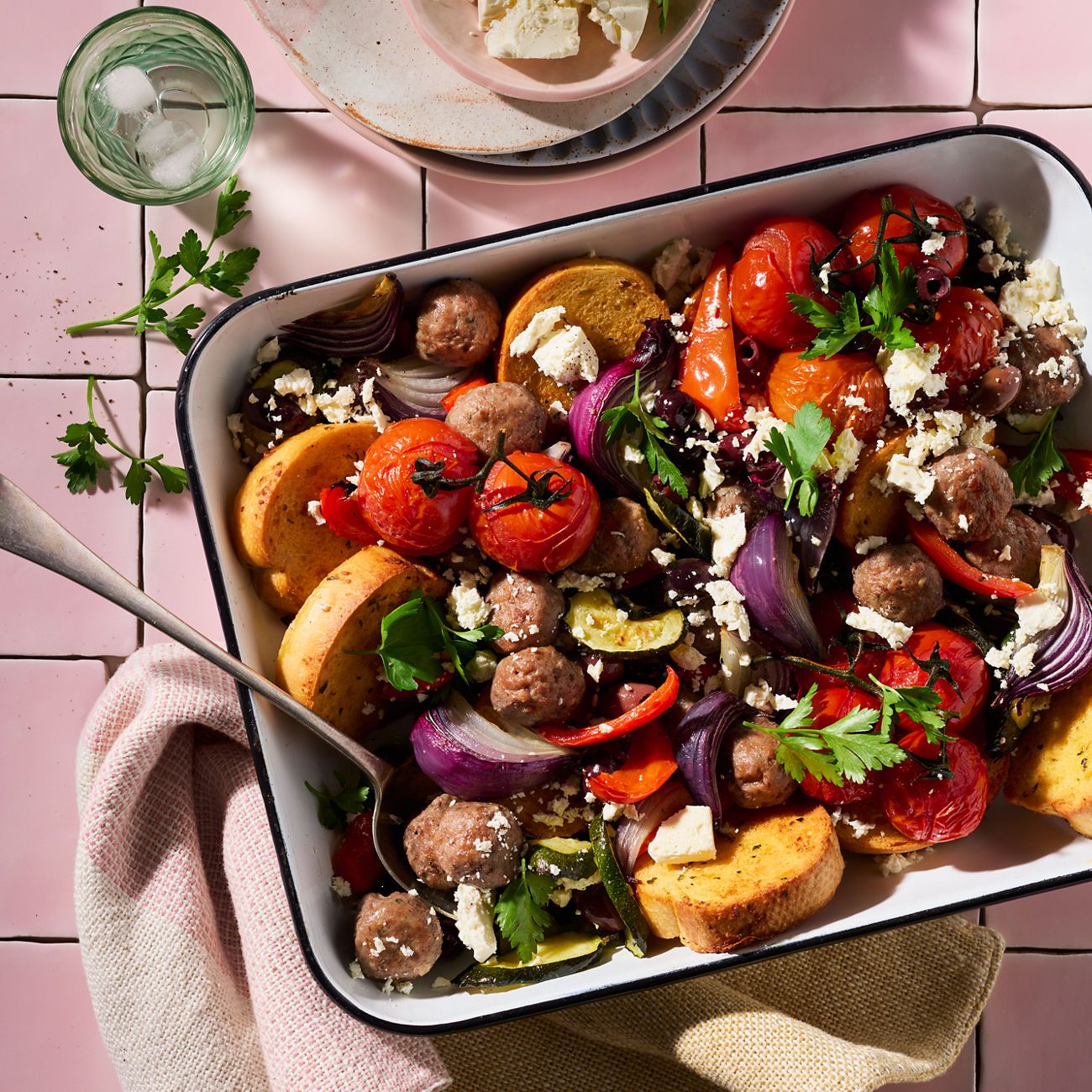 Greek-style meatball & garlic bread traybake Recipe | Woolworths