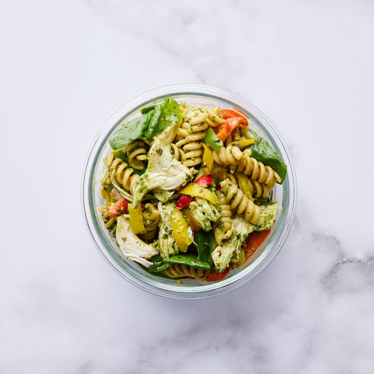 Healthier chicken pesto pasta salad
