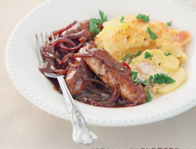 Sausages In Red Wine With Creamy Layered Potatoes