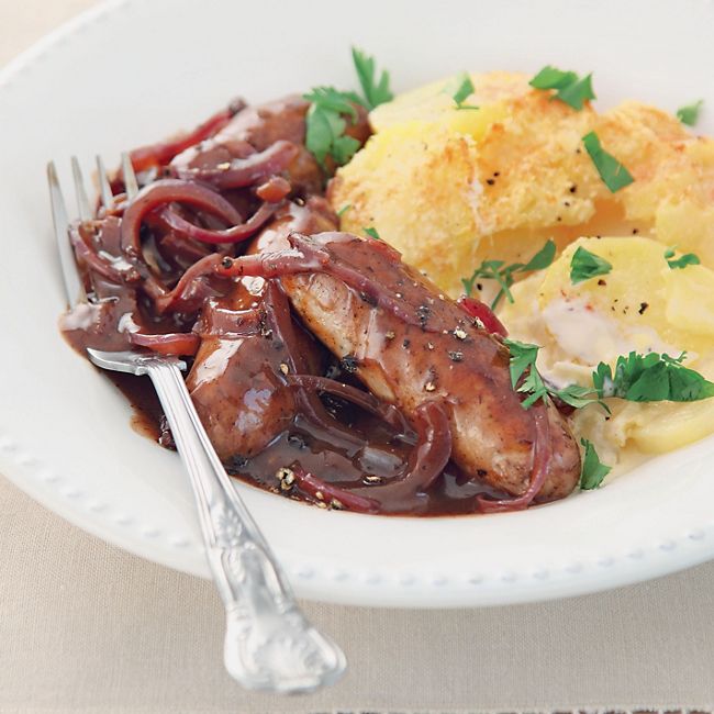 Sausages In Red Wine With Creamy Layered Potatoes