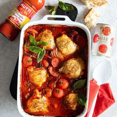 Mutti One Pan Crispy Chicken and Chorizo Bake