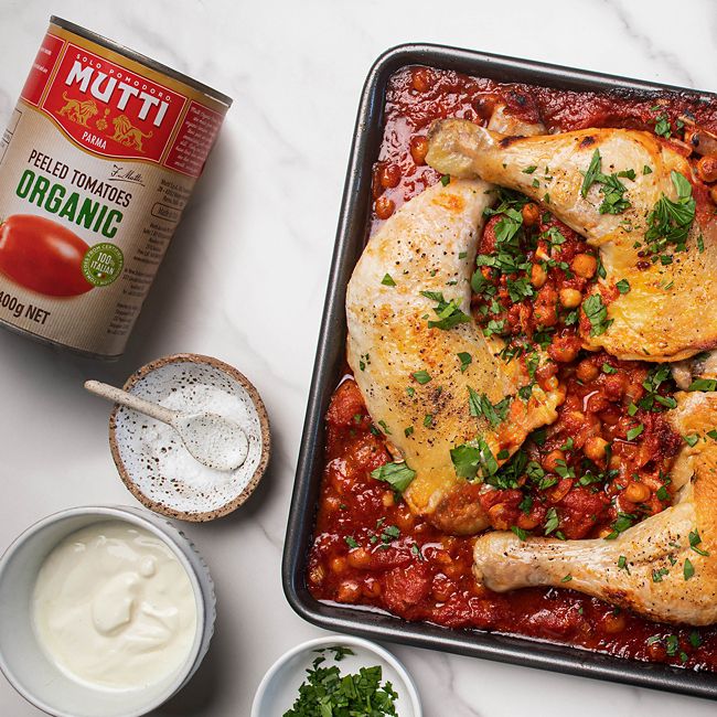 Almost-One Pan Chicken and Chickpeas with Mutti Organic Peeled Tomatoes