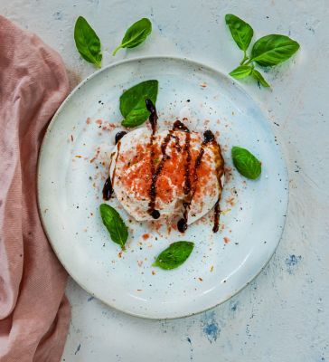 Shaved Ice Tomato and Burrata Salad