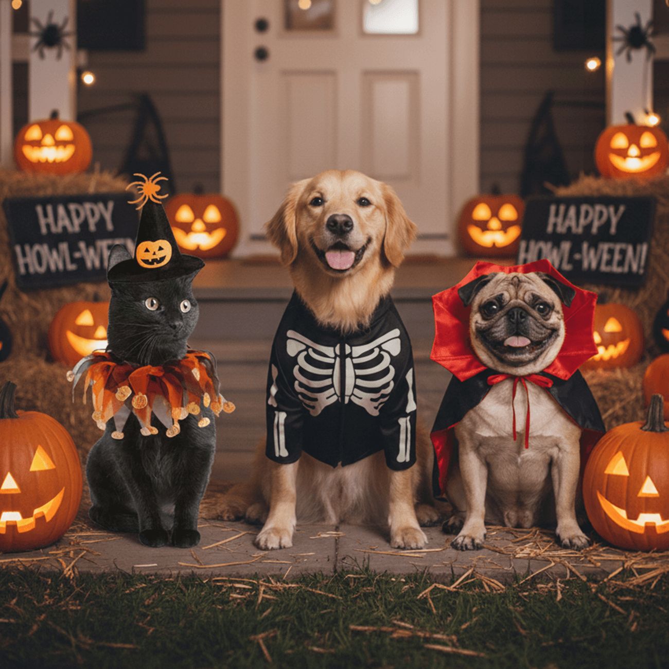 Dogs and cat in Halloween costume