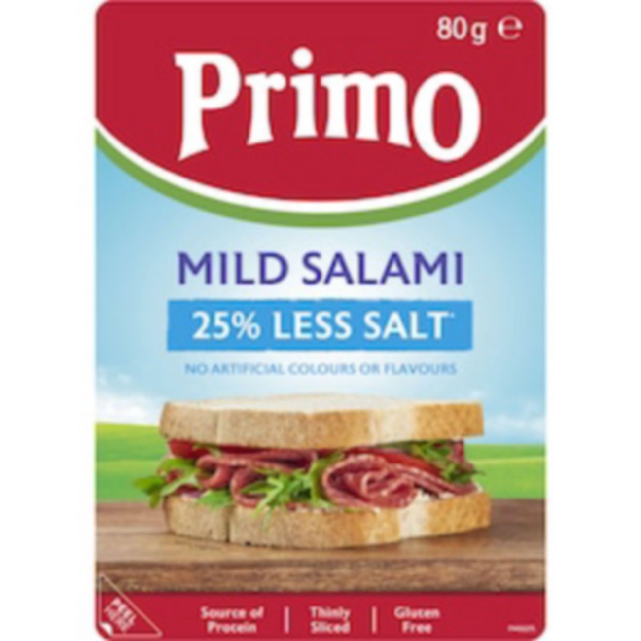 Primo Mild Salami 25% Less Salt 80g shown.