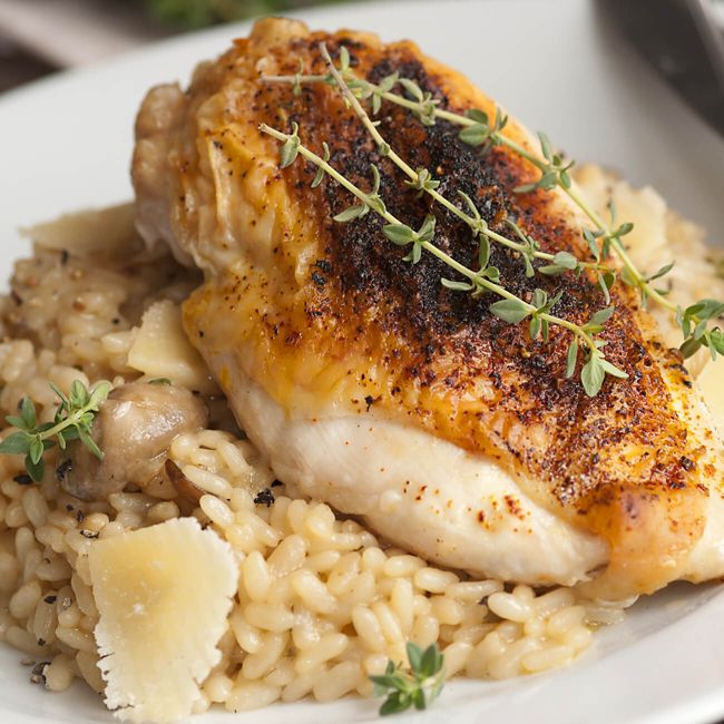 Roast Chicken With Porcini Mushroom & Chive Risotto