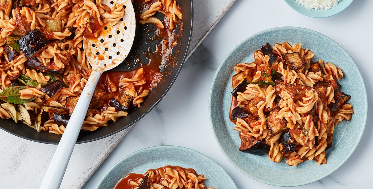 Roasted eggplant tomato pasta