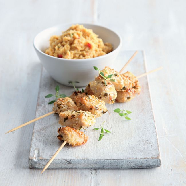 Sesame & Thyme Skewers With Spiced Chickpea Mash
