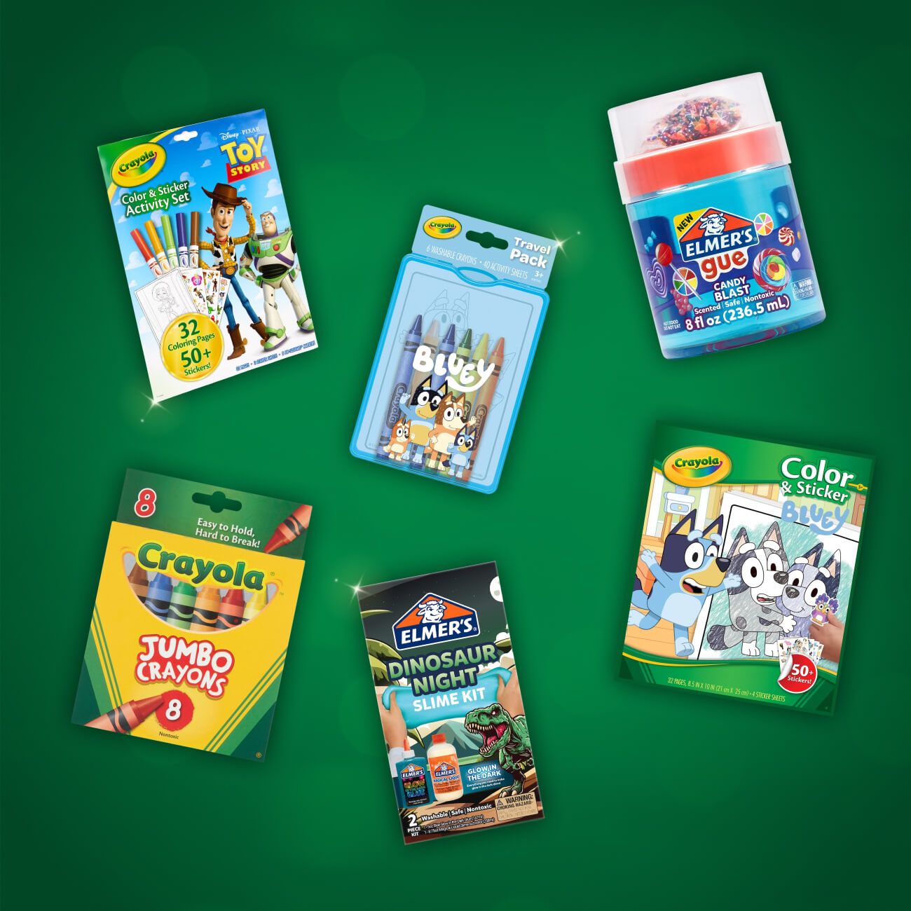 Coloring sets, Candy blast glue, Jumbo crayons, slime and more.