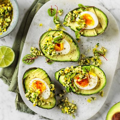 Avocado with Soft-Boiled Eggs and Avocado Jalapeno Salsa