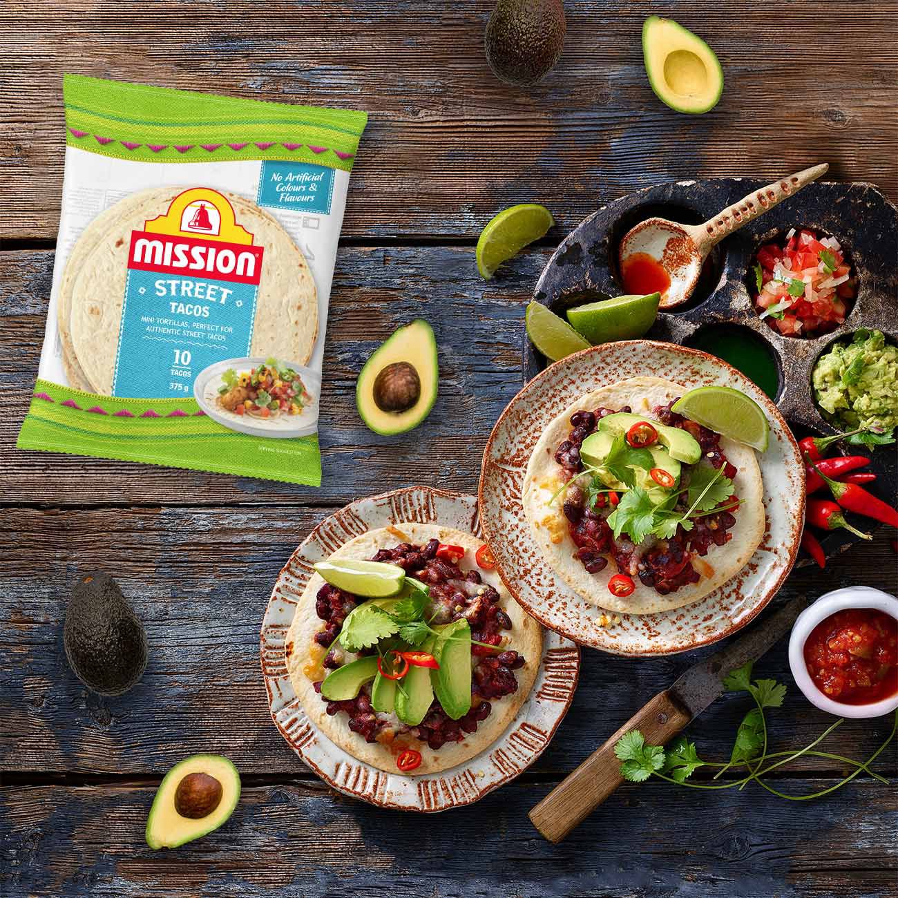 Baked Black Bean Tostadas with Mission Street Tacos and Hass Avocados