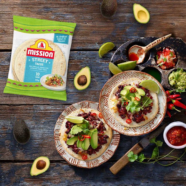 Baked Black Bean Tostadas with Mission Street Tacos and Hass Avocados