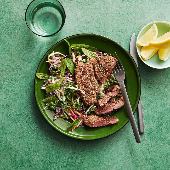 Barbecue dukkah-crusted lamb leg steaks