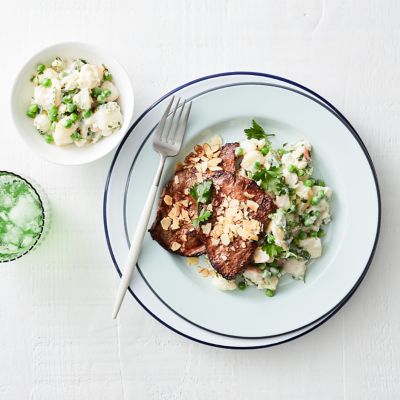 Quick beef sizzle schnizel with almonds & potato salad