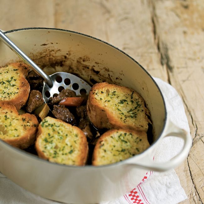 Beef Stew With Garlic Bread Topping