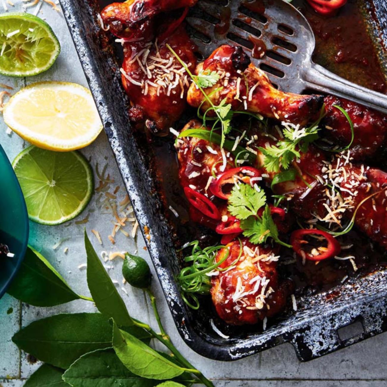 Sticky chicken with coconut and lime rice