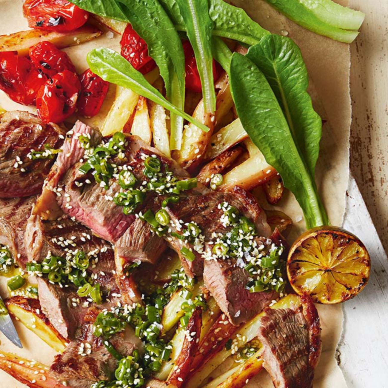 Garlic and lime beef with sesame fries