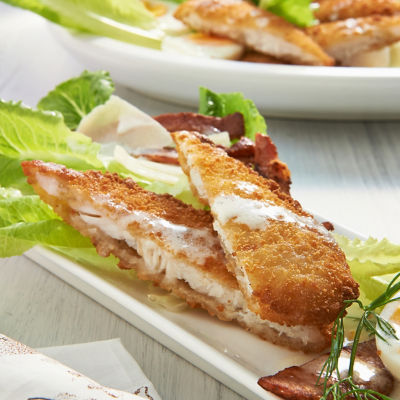 Caesar Salad With Crunchy Crumbed Fish