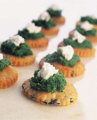 Tiny Parmesan & Black Olive Shortbreads With Parsley Pesto & Goat's cheese