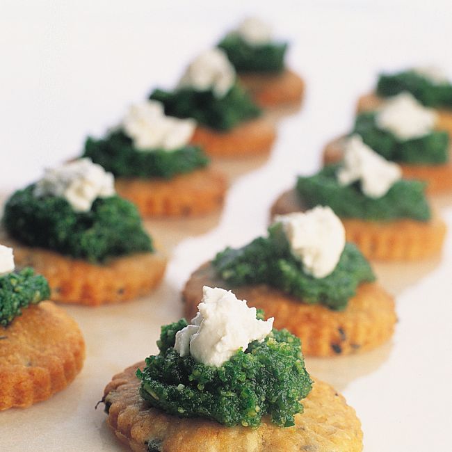 Tiny Parmesan & Black Olive Shortbreads With Parsley Pesto & Goat’s cheese