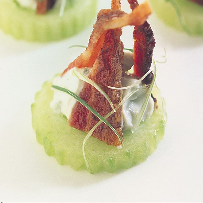 Cucumber Cups With Blue Cheese Mousse & Crispy Bacon