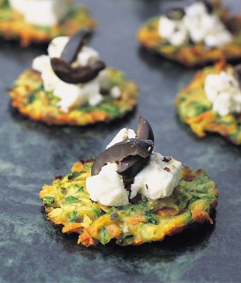 Crispy Carrot & Spring Onion Cakes With Feta & Black Olive