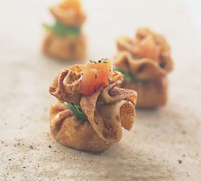 Chive-tied Crêpe Bundles With Smoked Salmon & Lemon Crème Fraîche