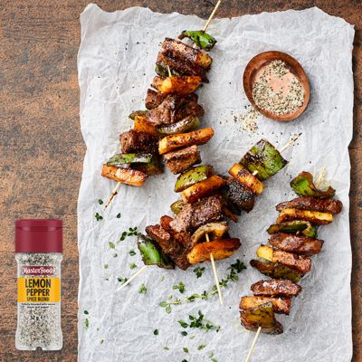 Charred beef, pineapple and capsicum skewers
