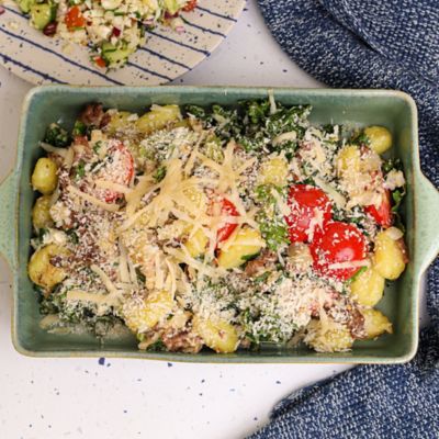 Cheesy Pork & Kale Gnocchi Bake
