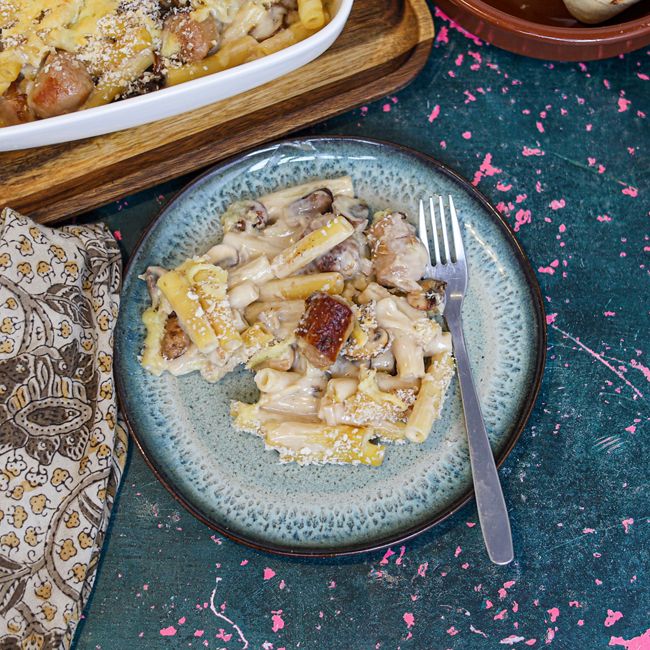 Cheesy Sausage & Mushroom Pasta Bake