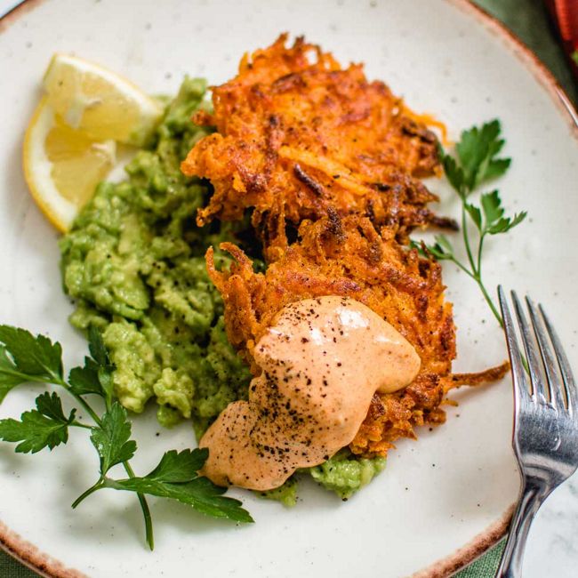Deliciou Cheesy Sweet Potato Rostis with Bacon Mayo