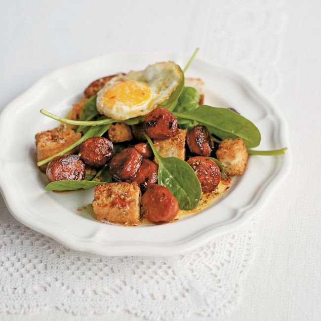 Chorizo, Spinach & Egg Salad With Paprika Croutons